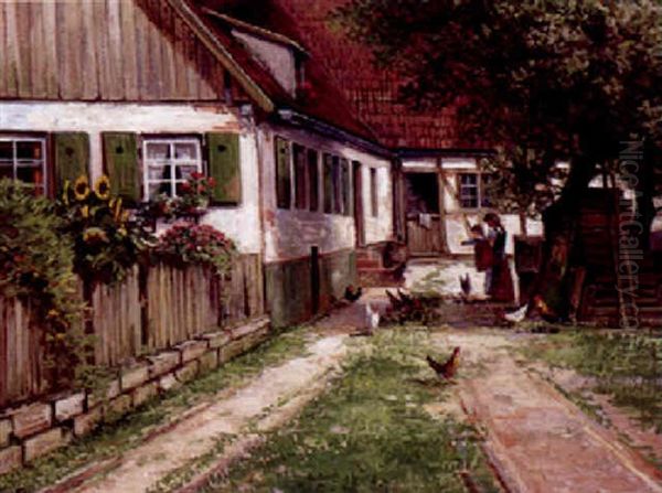 Bauernhaus Mit Huhnerhof Unf Garten Im Sonnigen Licht Oil Painting by Karl Armbrust