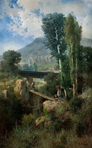 Paisaje Con Ninos En Un Puente Oil Painting by Jose Armet Portanel