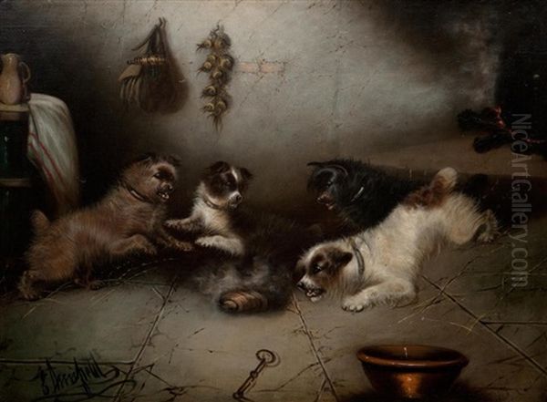 Terrier Ratting In A Barn Each Oil Painting by Edward Armfield