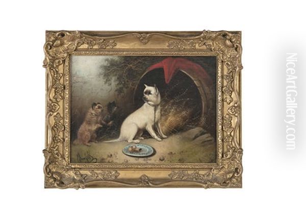 Three Dogs By An Overturned Barrel Oil Painting by Edward Armfield