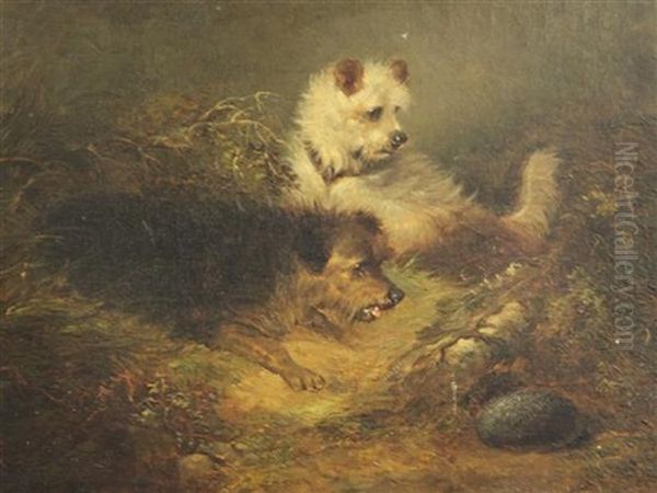 Terriers Beside A Rabbit Hole Oil Painting by Edward Armfield