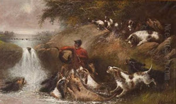 River Landscape With Huntsman Holding An Otter Oil Painting by Edward Armfield