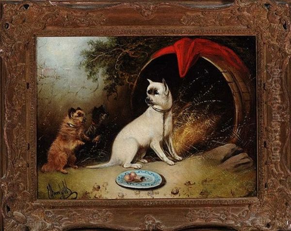 Three Dogs By An Upturned Barrel Oil Painting by Edward Armfield