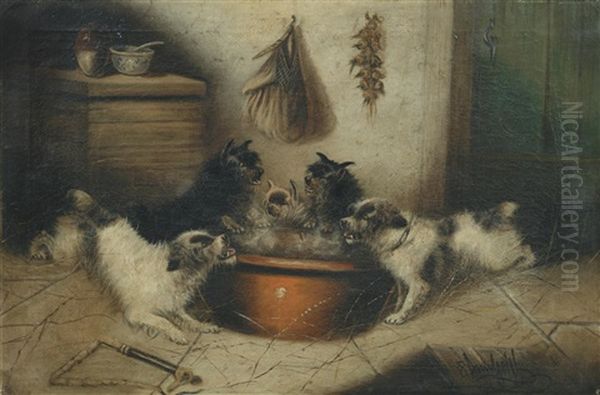 Terriers At Feeding Time Oil Painting by Edward Armfield