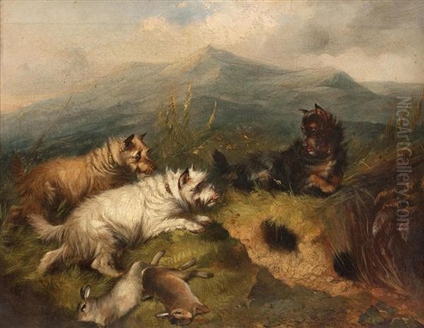 Terriers Rabbiting In A Highland Landscape Oil Painting by Edward Armfield