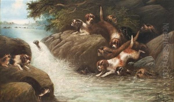 Dogs Hunting Otter In River (2 Works) Oil Painting by Edward Armfield