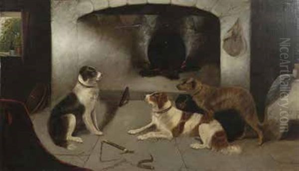 Cottage Interior With Dogs By An Open Fire Oil Painting by Edward Armfield