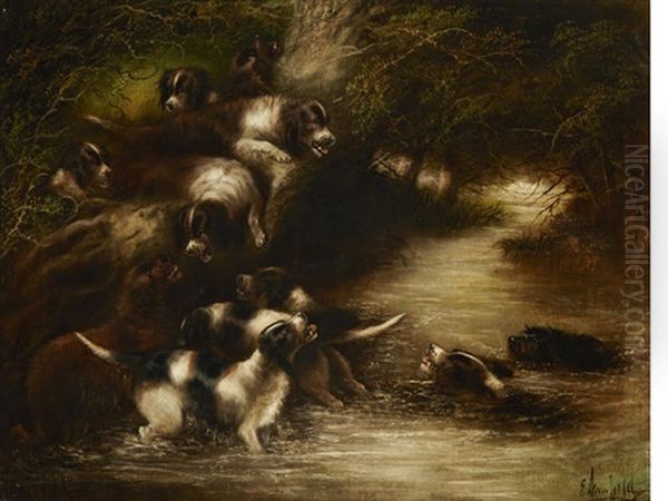 Otterhounds In Pursuit (pair) Oil Painting by Edward Armfield