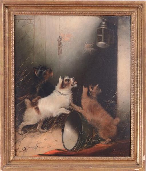 Three Terriers Watching A Mouse In A Lantern Oil Painting by Edward Armfield