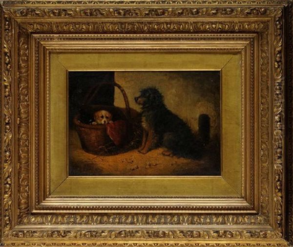 A Terrier Watching Over A Puppy Peaking Out Of A Basket Oil Painting by Edward Armfield