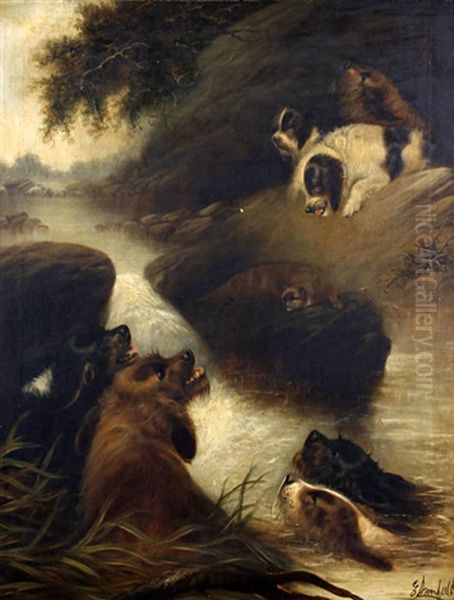 Terriers Ratting (+ An Otter Hunt; Pair) Oil Painting by Edward Armfield