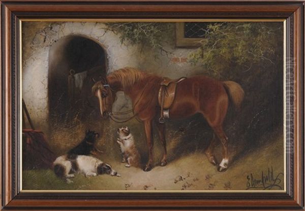 Horse With Three Dogs Oil Painting by Edward Armfield