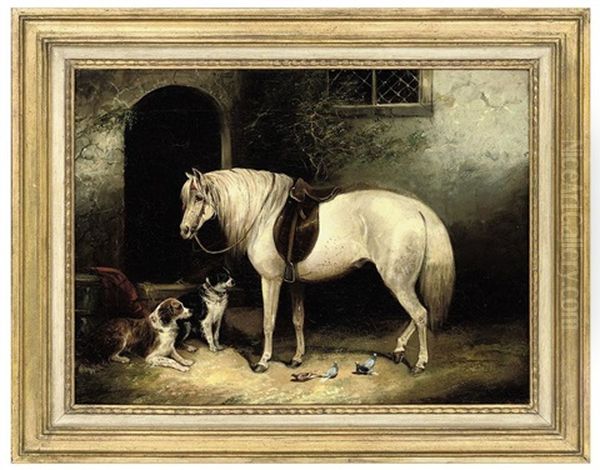 A Pony, Two Spaniels And Pigeons Outside A Stable Oil Painting by Edward Armfield