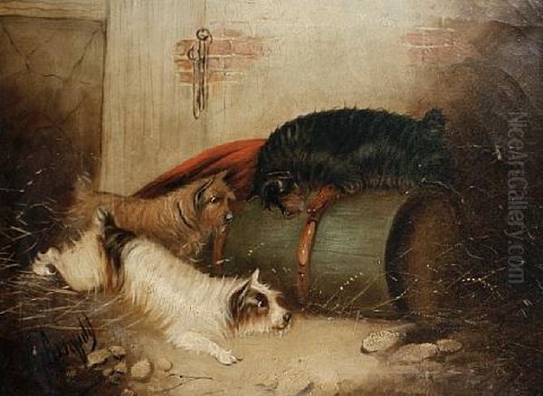 Terriers Ratting (+ Another; Pair) Oil Painting by Edward Armfield