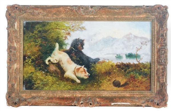 Two Terriers Watching A Rabbit Hole Oil Painting by Edward Armfield