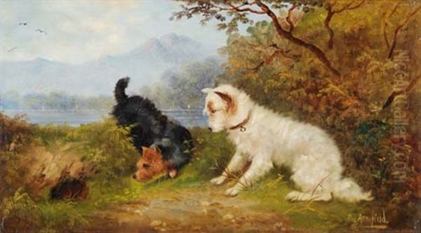 Zwei Terrier Vor Dem Fuchsbau Oil Painting by Edward Armfield