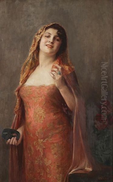 Woman With Mask Oil Painting by Melle Georges Achille-Fould