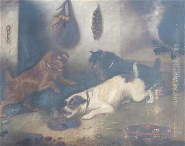 Three Terriers Playing In A Barn Oil Painting by Edward Armfield