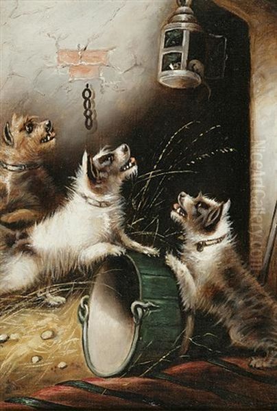 Terriers Ratting Under A Barrel Oil Painting by Edward Armfield