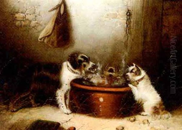 A Spaniel And Terriers At A Bowl Oil Painting by Edward Armfield