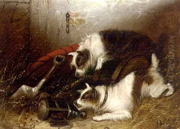 Terriers In A Barn (+ Terriers Ratting; Pair) Oil Painting by Edward Armfield