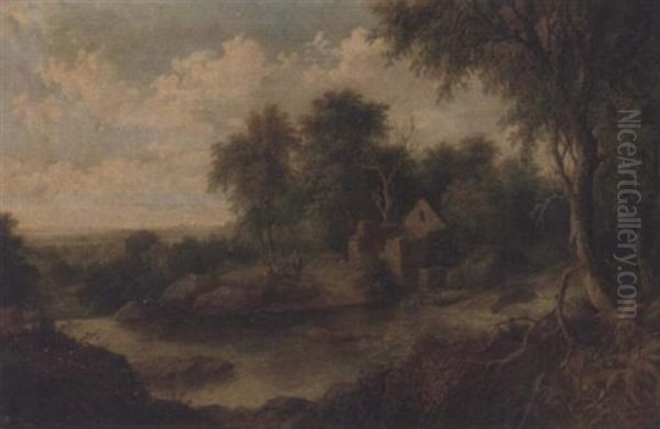 Figures In A River Landscape Oil Painting by Edward Armfield