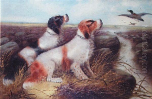 Gundogs Flushing Mallard Oil Painting by Edward Armfield