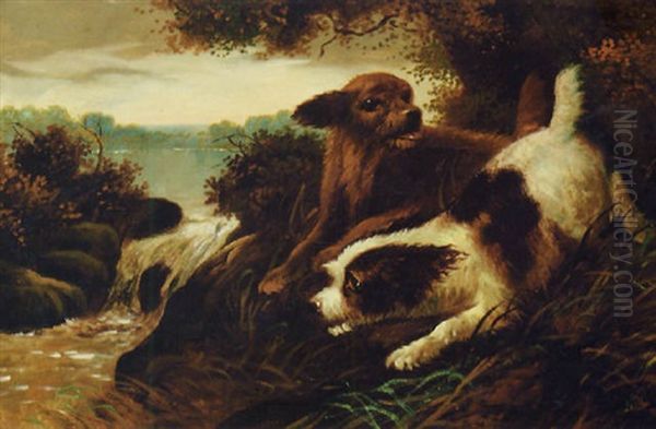 Spaniels By A Lake Oil Painting by Edward Armfield