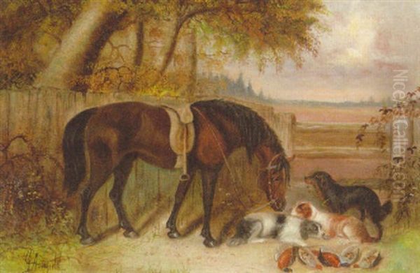 A Bay Pony And Spaniels Guarding The Day's Bag Oil Painting by Edward Armfield