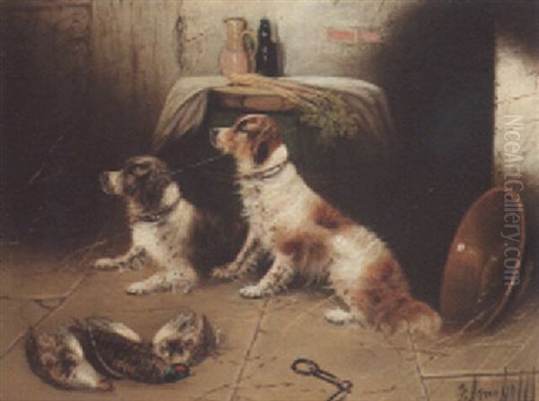 Spaniels With Dead Game In A Barn Oil Painting by Edward Armfield