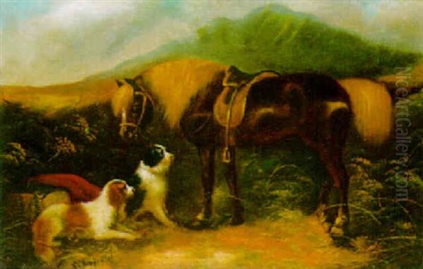 Horse And Terriers In A Highland Landscape Oil Painting by Edward Armfield