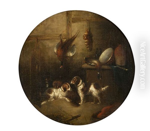 Terriers And Fowl In An Interior Oil Painting by George Armfield