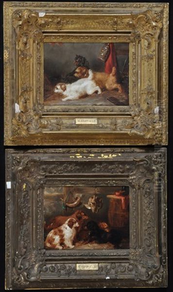 Spaniels In A Hunting Lodge; And Three Terriers In A Barn Oil Painting by George Armfield