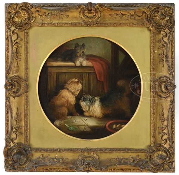 Three Terriers In Interior Oil Painting by George Armfield