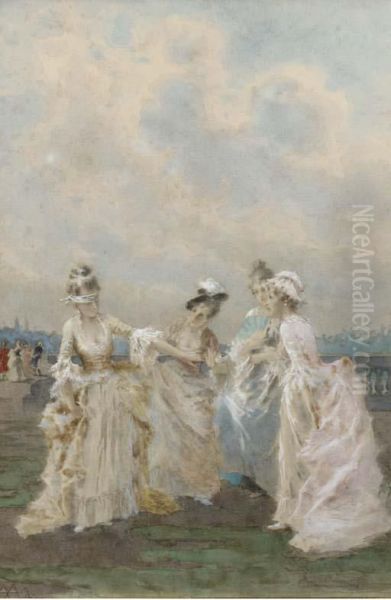 Girls Playing Blind Man's Buff Oil Painting by Angelo Achini