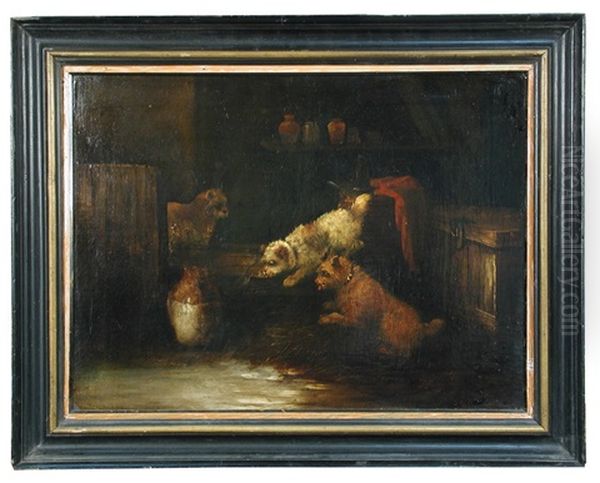 Two Terriers Chasing A Mouse Whilst A Cat Looks On; And Two Terriers Chasing A Cat (a Pair) Oil Painting by George Armfield