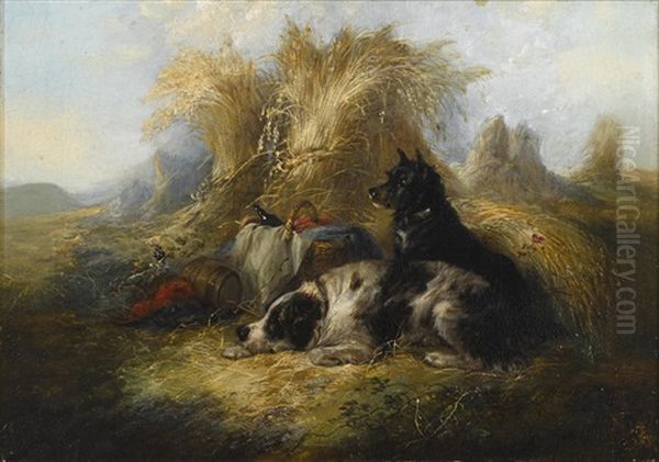 Two Dogs Resting By Their Master's Lunch Basket; Also A Companion Painting Of Three Terriers Chasing A Rabbit Down A Hole (a Pair) Oil Painting by George Armfield