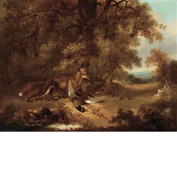 Fox With A Pheasant In A Landscape Oil Painting by George Armfield