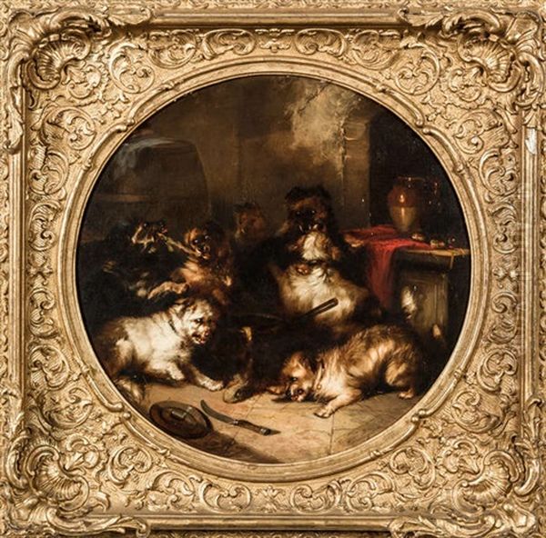 Terriers In An Interior Oil Painting by George Armfield