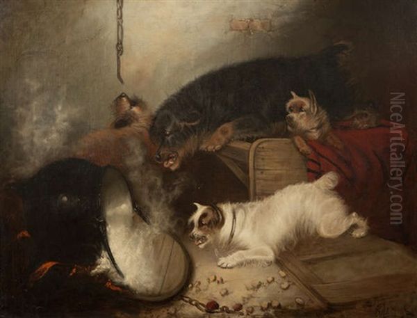 Terriers Knock Over A Pot Oil Painting by George Armfield