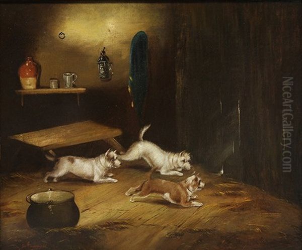 Dogs At Play In The Barn Oil Painting by George Armfield