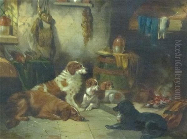 Dogs Resting By A Fire Oil Painting by George Armfield