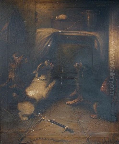 Terriers Ratting; And A Liver And White Spaniel Gazing At Game On A Stone Ledge (2 Works) Oil Painting by George Armfield