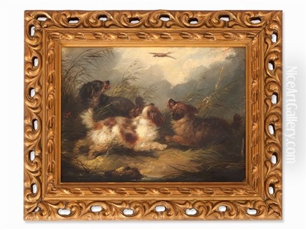 Spaniel Chasing A Mallard In Flight Oil Painting by George Armfield