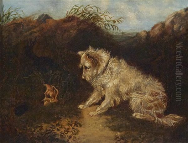 Two Terriers Ratting; And A Decorative Painting Of A Dog In An Interior (a Set Of Three) Oil Painting by George Armfield