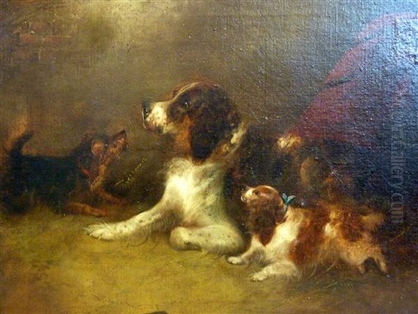 A Pair Of Studies Of Dogs In An Interior Oil Painting by George Armfield