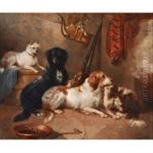 Four Dogs In Interior Setting Oil Painting by George Armfield