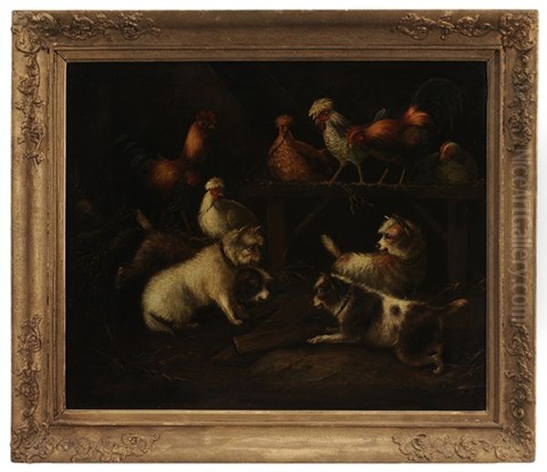 Cairn Terriers With Chickens In A Barn Oil Painting by George Armfield