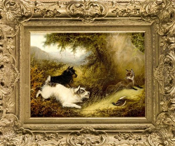 Landschaft Mit Zwei Terriern, Die Einen Fuchs Vom Erlegten Fasan Vertreiben Oil Painting by George Armfield