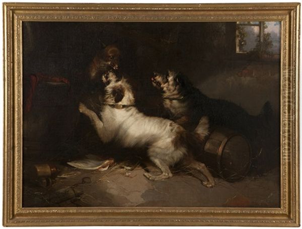 Cairn Terriers Cornering A Fox Oil Painting by George Armfield